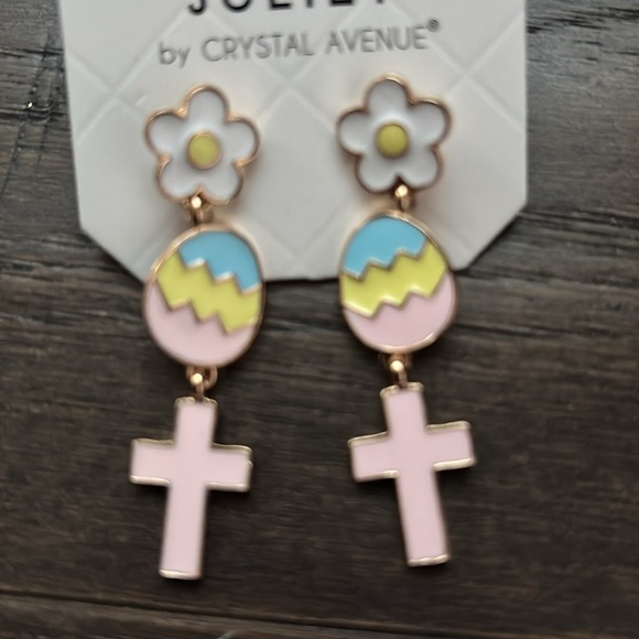 Juliet floral post drop, painted colorful Easter eggs with pink cross earrings - Picture 2 of 4
